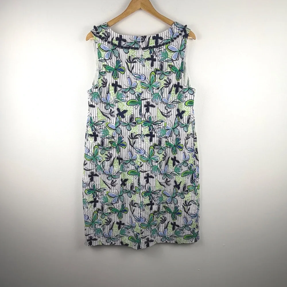 Talbots Womens Butterfly Floral Pinstripe‎ Cotton Shift Dress Pom Pom Trim Sz 16